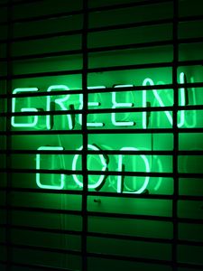 Превью обои надпись, неон, зеленый, решетка, стена
