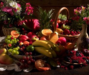 Превью обои натюрморт, стол, фрукты, цветы