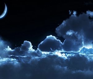Превью обои небо, ночь, облака, воздушные, звезды, луна, спокойствие