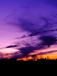 Превью обои небо, облака, горизонт, дома, синий, розовый, оранжевый