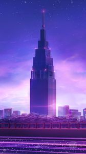 Превью обои небоскреб, башня, арт, город, архитектура, фиолетовый