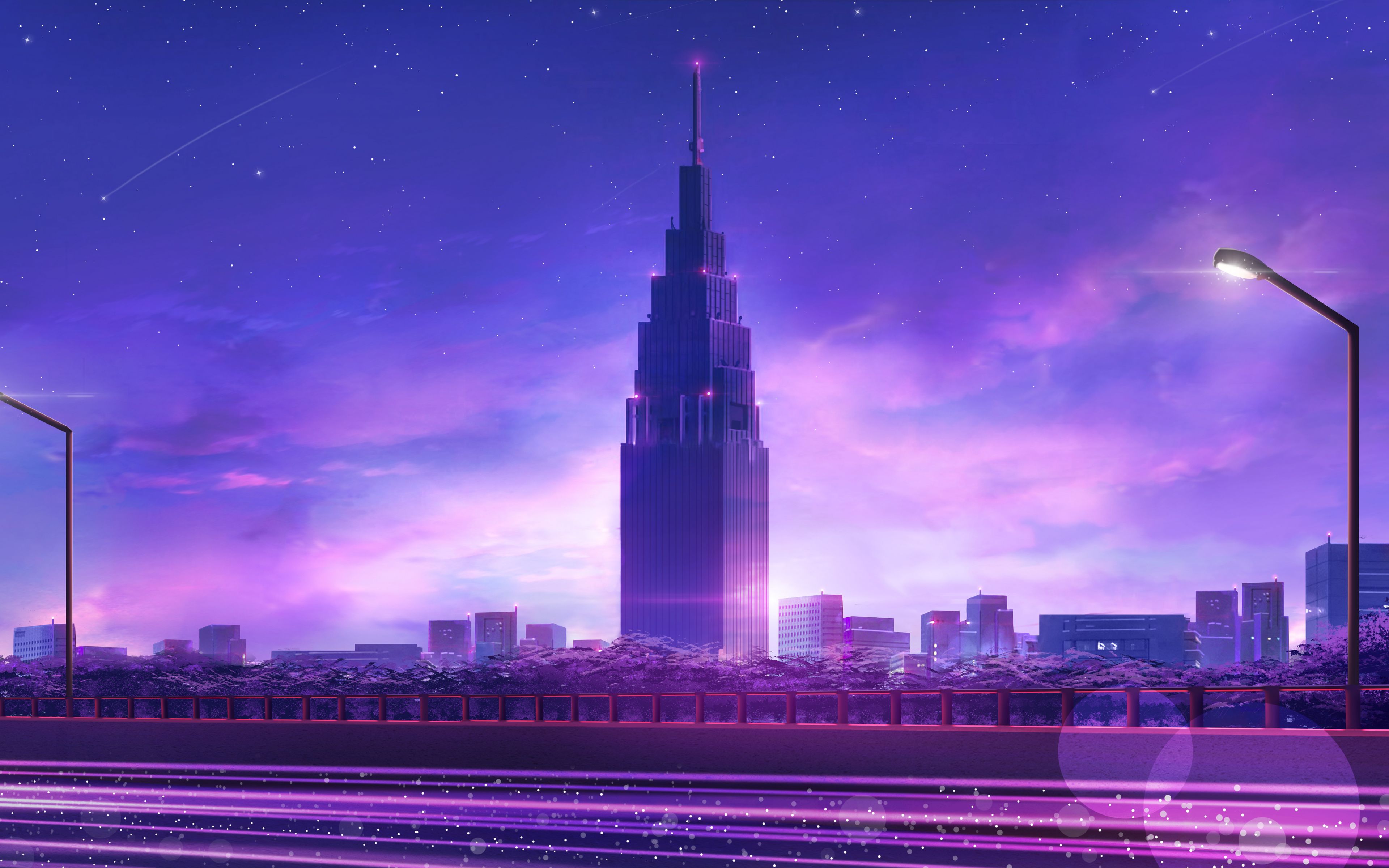 3840x2400 небоскреб, башня, арт, город, архитектура, фиолетовый обои 4k ult...