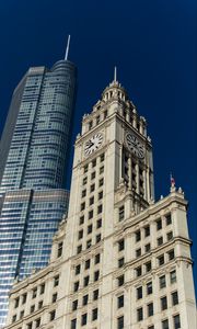 Превью обои небоскреб, башня, часы, архитектура, вид снизу