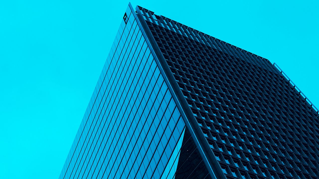 Обои небоскреб, здание, фасад, архитектура, минимализм, синий