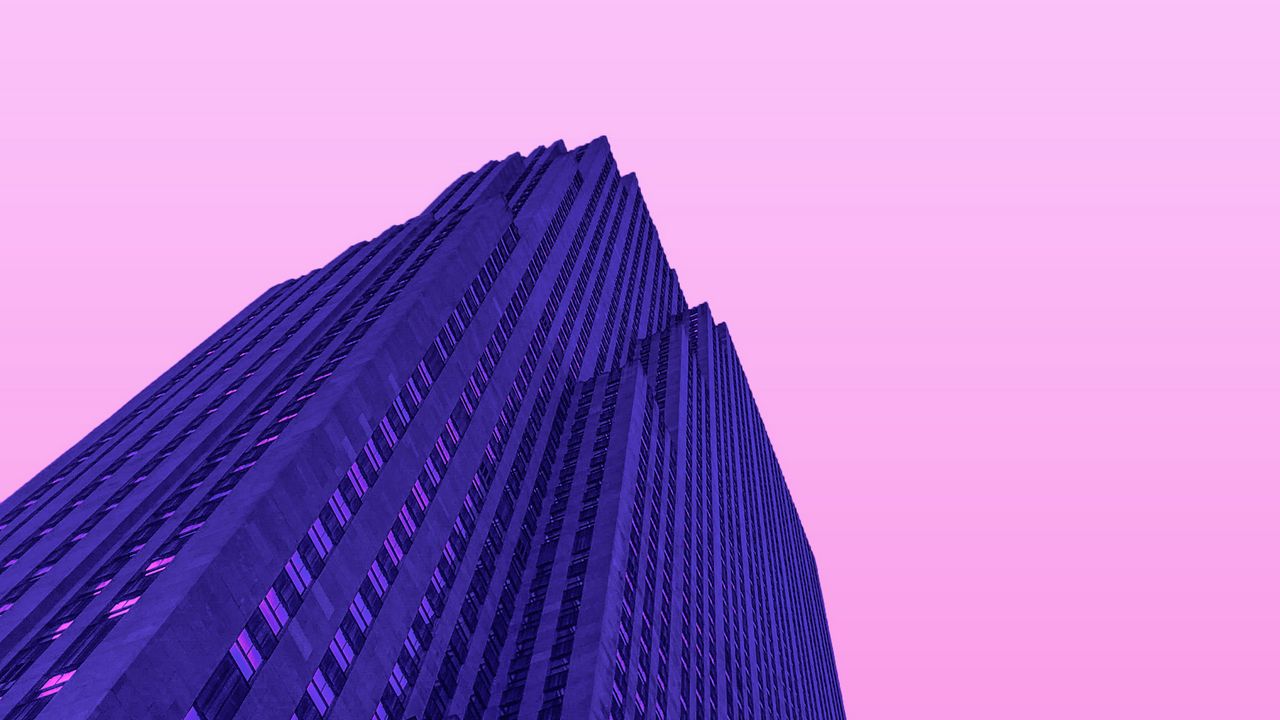 Обои небоскреб, здание, минимализм, архитектура, фиолетовый