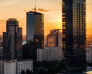 Превью обои небоскребы, город, вид сверху, закат, здания