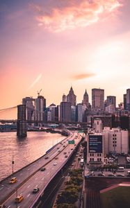 Превью обои небоскребы, мост, дорога, манхэттенский мост, нью-йорк, сша