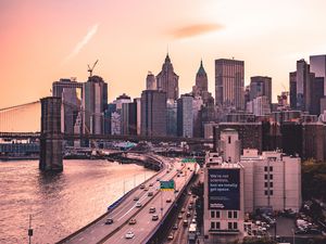 Превью обои небоскребы, мост, дорога, манхэттенский мост, нью-йорк, сша