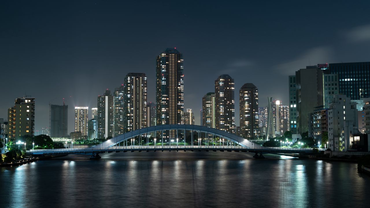 Обои небоскребы, мост, ночной город, река, токио, япония