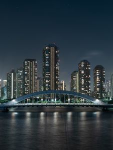 Превью обои небоскребы, мост, ночной город, река, токио, япония