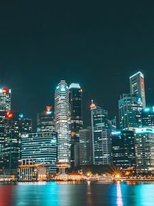 Превью обои небоскребы, здания, ночной город, берег