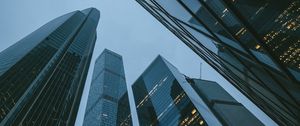 Превью обои небоскребы, здания, вид снизу, вечер