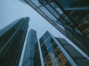 Превью обои небоскребы, здания, вид снизу, вечер