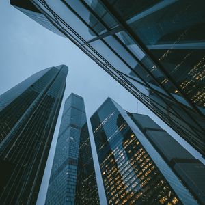 Превью обои небоскребы, здания, вид снизу, вечер