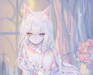 Превью обои неко, ушки, девушка, аниме, арт, белый