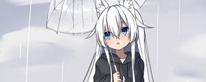 Превью обои неко, зонтик, дождь, аниме, арт