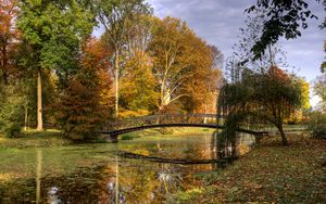 Превью обои нидерланды, мост, река, осень, деревья, листья
