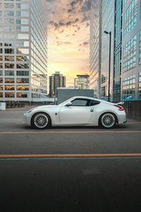 Превью обои nissan 370z, nissan, автомобиль, спорткар, вид сбоку, белый