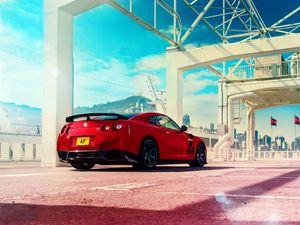 Превью обои nissan, gt-r, красный, вид сзади, спорткар