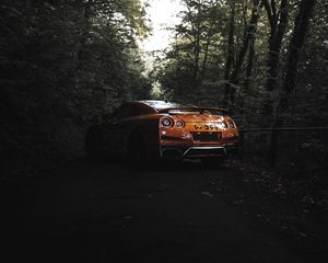 Превью обои nissan gt-r, nissan, автомобиль, спорткар, коричневый, вид сбоку