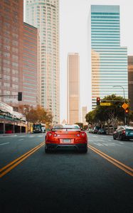 Превью обои nissan gt-r, nissan, автомобиль, красный, город, дорога