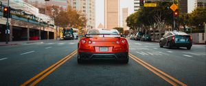 Превью обои nissan gt-r, nissan, автомобиль, красный, город, дорога