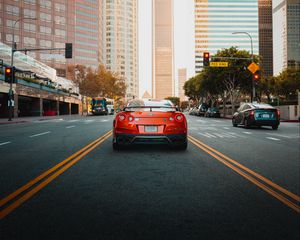 Превью обои nissan gt-r, nissan, автомобиль, красный, город, дорога