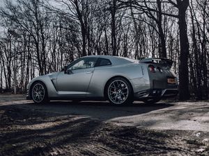 Превью обои nissan gt-r, nissan, автомобиль, серый, деревья, дорога