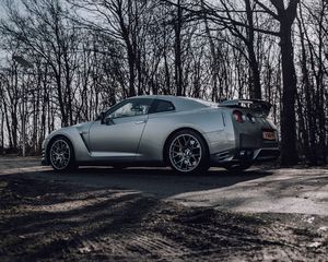 Превью обои nissan gt-r, nissan, автомобиль, серый, деревья, дорога