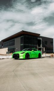 Превью обои nissan gt-r, nissan, автомобиль, зеленый, стоянка