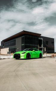 Превью обои nissan gt-r, nissan, автомобиль, зеленый, стоянка