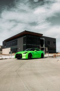 Превью обои nissan gt-r, nissan, автомобиль, зеленый, стоянка