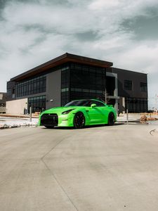 Превью обои nissan gt-r, nissan, автомобиль, зеленый, стоянка