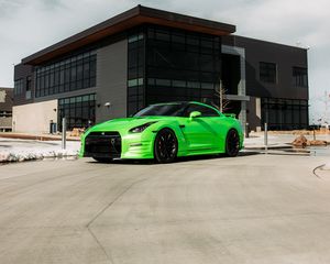 Превью обои nissan gt-r, nissan, автомобиль, зеленый, стоянка