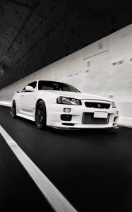 Превью обои nissan gt-r, nissan, движение, белый, вид сбоку