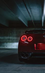 Превью обои nissan gtr, nissan, фары, вид сзади, темный