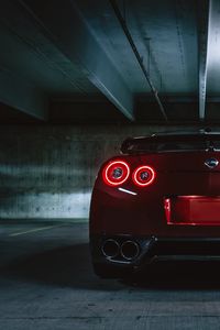 Превью обои nissan gtr, nissan, фары, вид сзади, темный