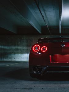 Превью обои nissan gtr, nissan, фары, вид сзади, темный