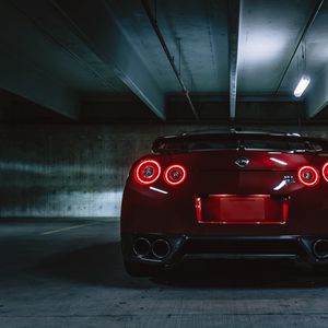 Превью обои nissan gtr, nissan, фары, вид сзади, темный