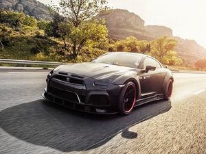 Превью обои nissan, gt-r, r35, вид сбоку, движение