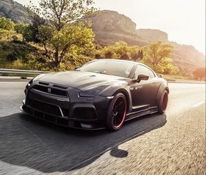 Превью обои nissan, gt-r, r35, вид сбоку, движение