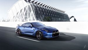 Превью обои nissan, gt-r, синий6 вид сбоку, скорость