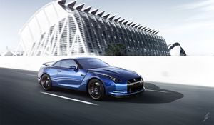 Превью обои nissan, gt-r, синий6 вид сбоку, скорость