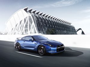 Превью обои nissan, gt-r, синий6 вид сбоку, скорость