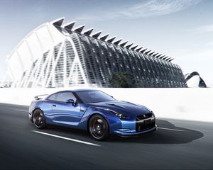 Превью обои nissan, gt-r, синий6 вид сбоку, скорость