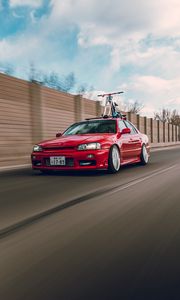 Превью обои nissan r34, nissan, автомобиль, красный, скорость, дорога