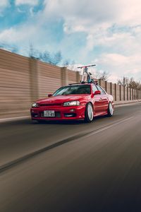 Превью обои nissan r34, nissan, автомобиль, красный, скорость, дорога