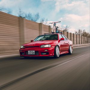 Превью обои nissan r34, nissan, автомобиль, красный, скорость, дорога