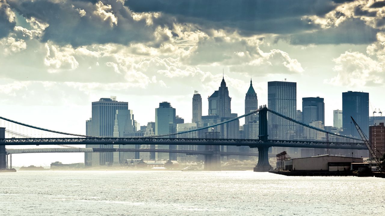 Обои нью йорк, манхеттен, панорама, река, мост