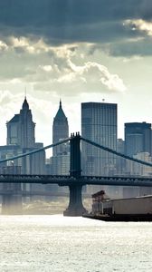 Превью обои нью йорк, манхеттен, панорама, река, мост